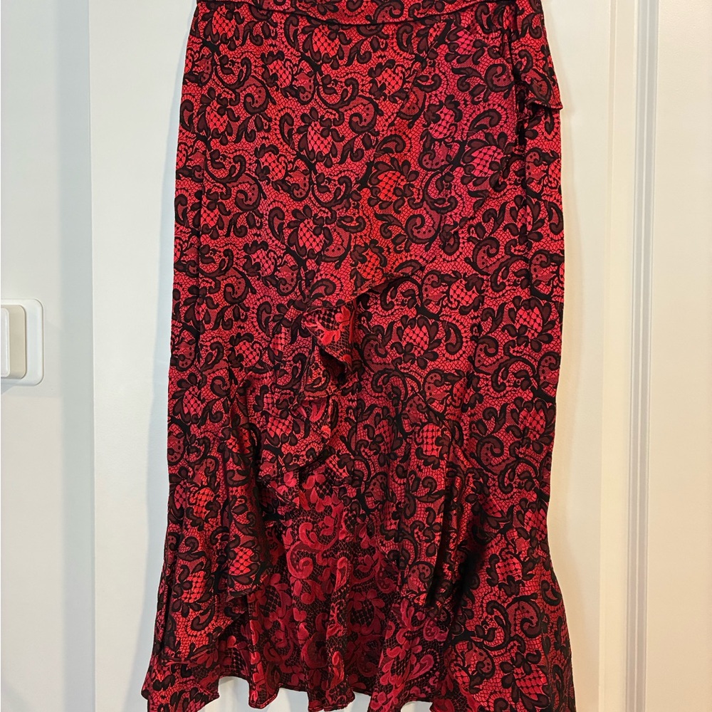 New York & Company Asymmetrical Skirt in Red and Black Lace